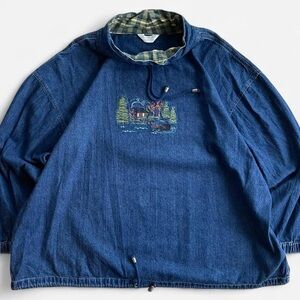 Vintage CJ Banks Embroidered Cabin Forest Moose Scene Denim Pullover Jacket